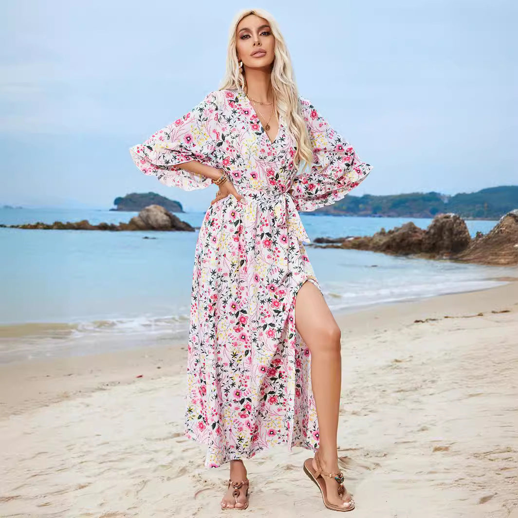 Damen Langarm Maxikleid mit floralem Design und Schlitz Sovae