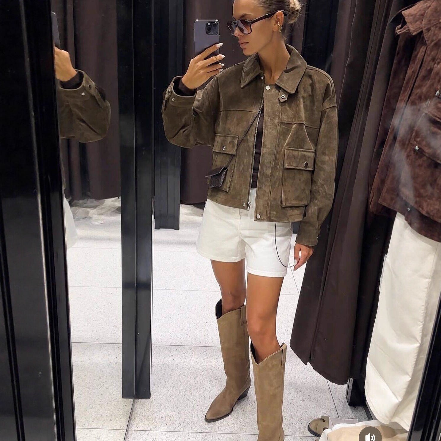 Damen modische Übergangsjacke aus leichtem Wildlederimitat mit großen Taschen Sovae