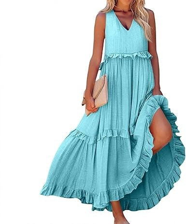 Damen Maxikleid mit Rüschen und V-Ausschnitt Sovae