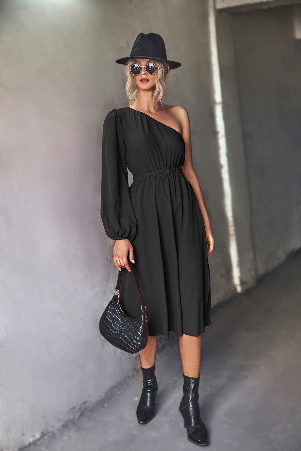 Damen Midikleid mit asymmetrischem One-Shoulder-Design und elastischem Taillengürtel Sovae