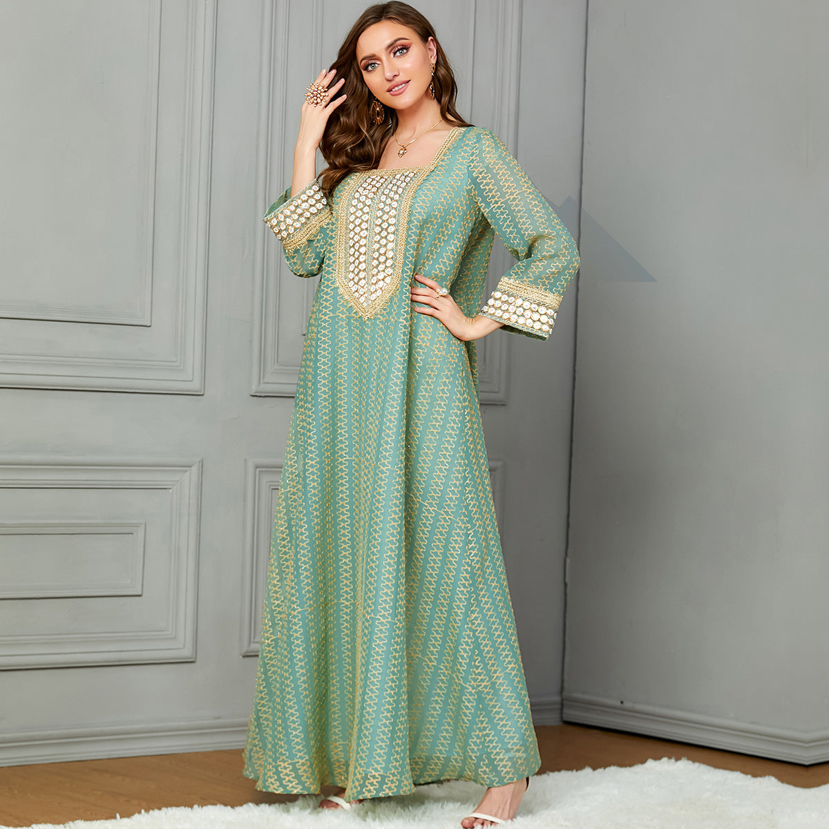 Damen Lange Kaftan-Robe mit kunstvollen Verzierungen Sovae