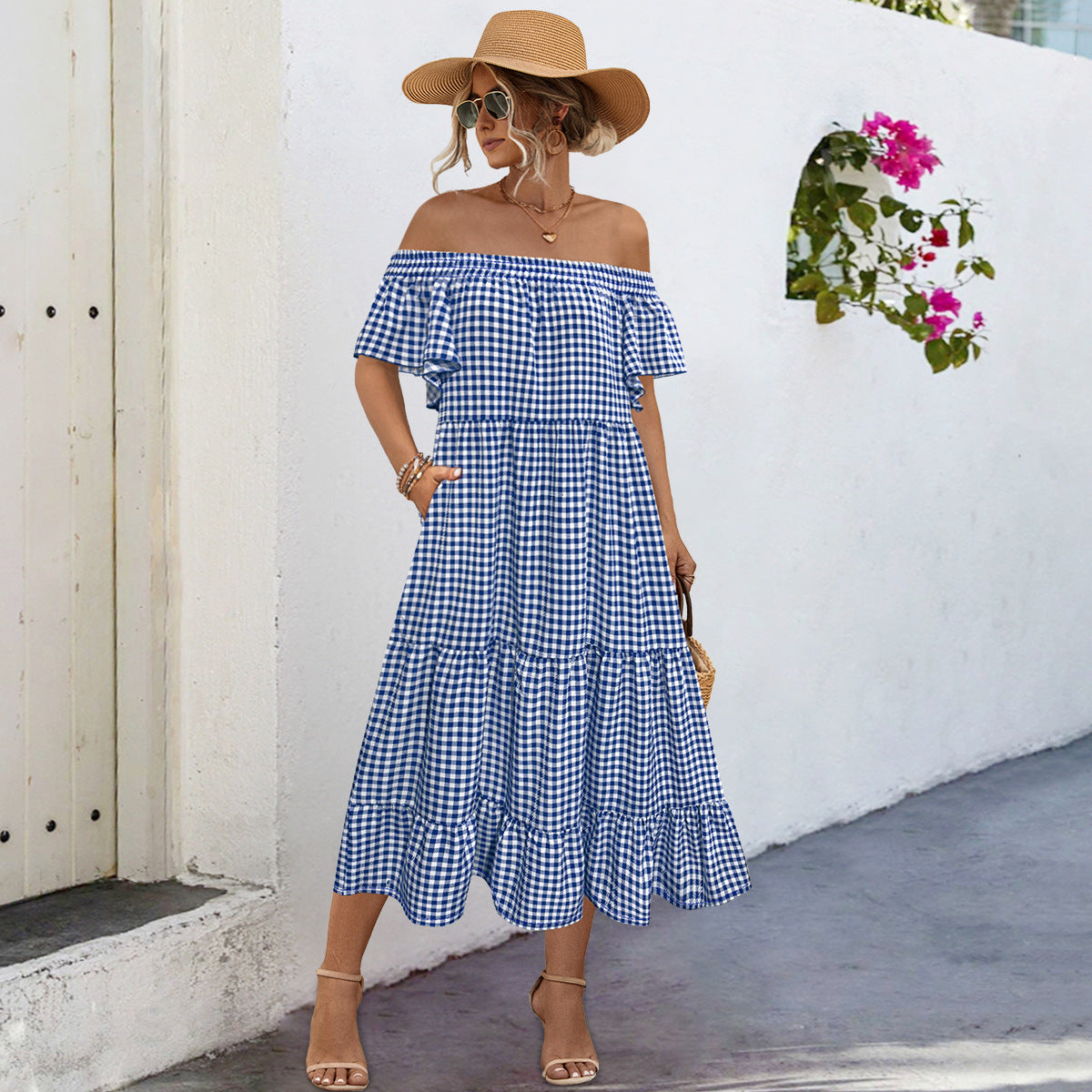 Damen Off-Shoulder Maxikleid mit raffinierten Rüschendetails und lockerer A-Linien-Silhouette Sovae