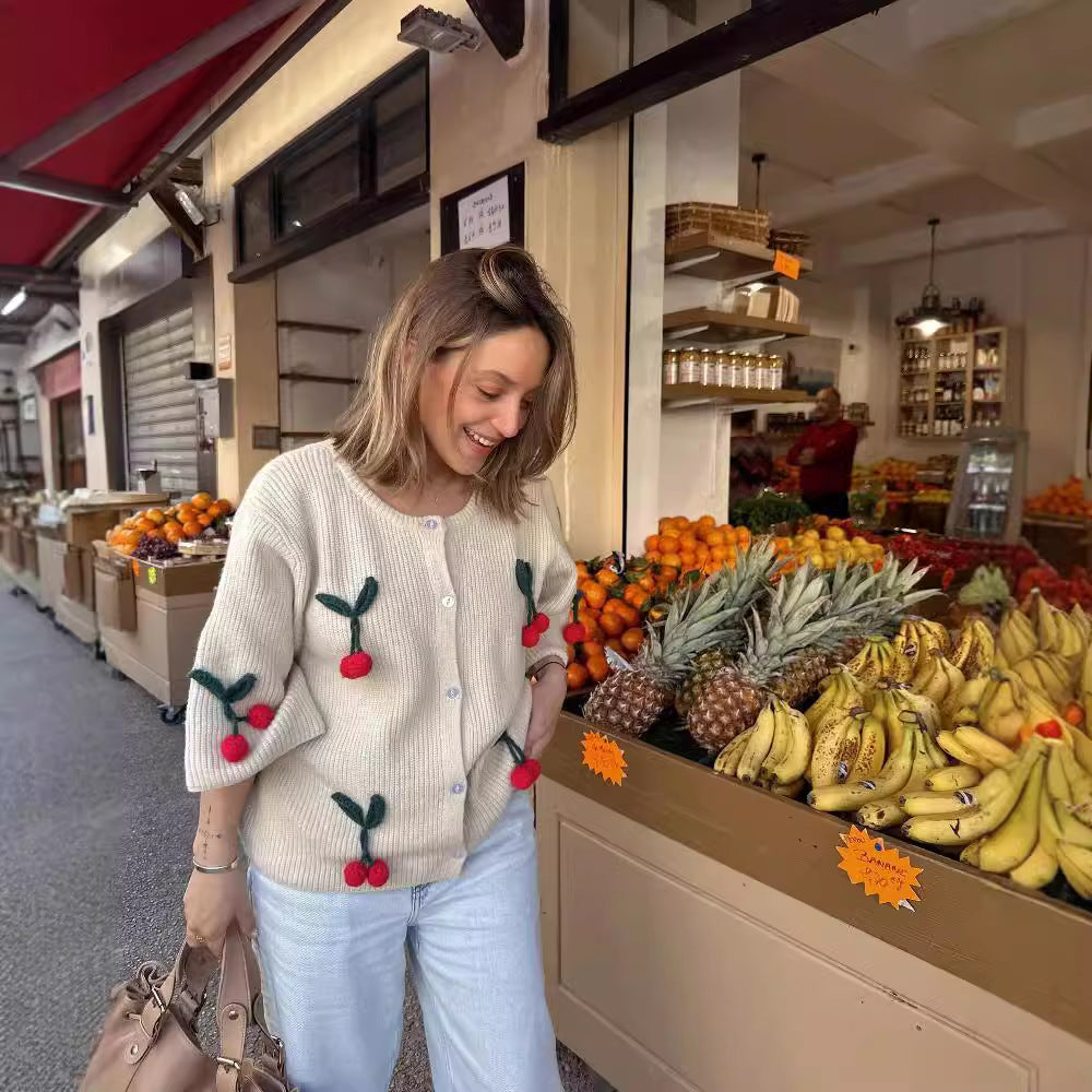 Damen lässiger und gestreifter Strickcardigan mit reizendem Kirschmuster Sovae
