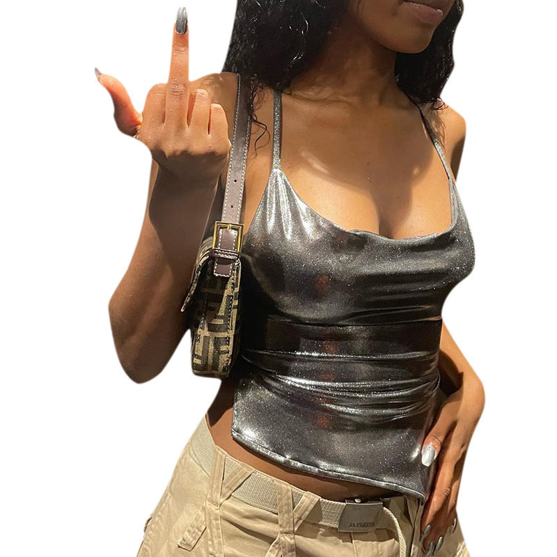 Damen Glänzendes Crop-Top mit asymmetrischem Schnitt Sovae