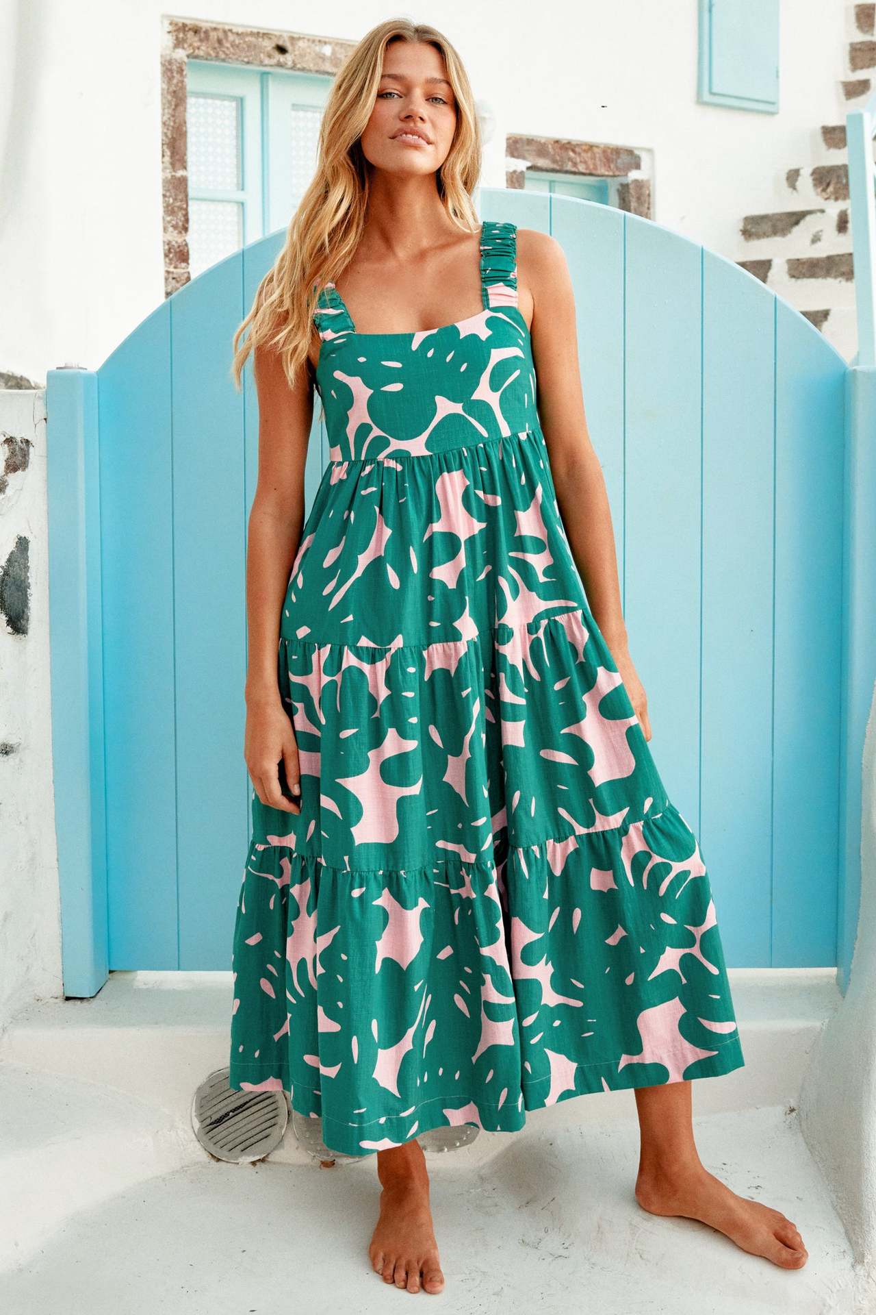 Damen Maxikleid mit breiten Trägern und mehrlagigem Volant Sovae