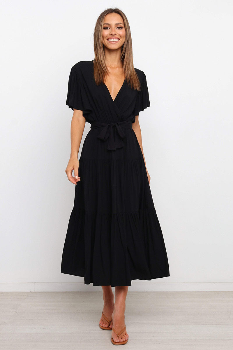Damen Fließendes Maxi-Kleid mit Wickelbindung und Schmetterlingsärmeln Sovae