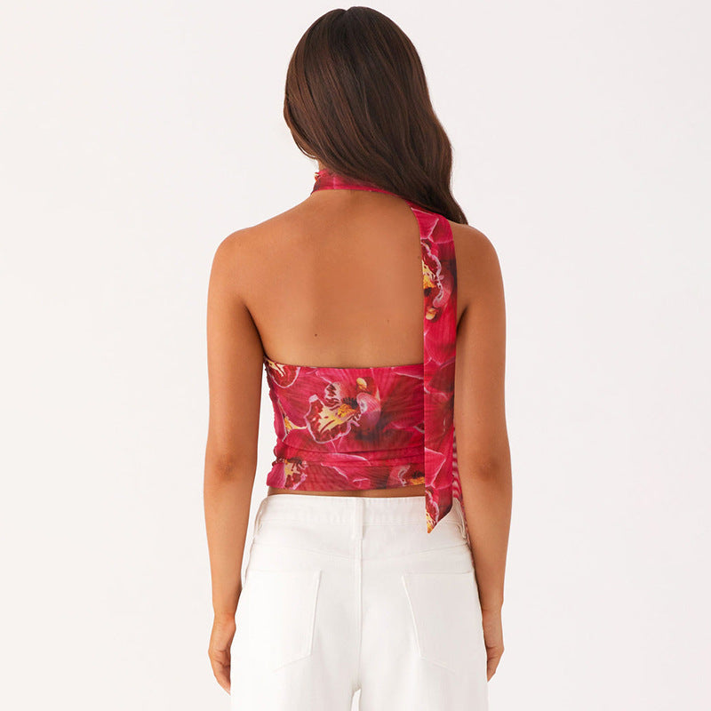 Damen gefaltetes Crop-Top mit asymmetrischem Halstuch Sovae