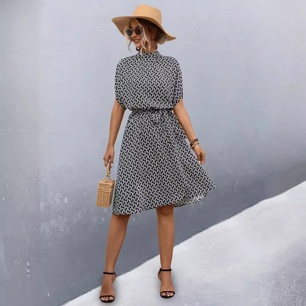 Damen Midikleid mit Gummizug und hochgeschlossenem Kragen Sovae