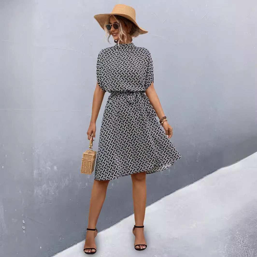 Damen Midikleid mit Gummizug und hochgeschlossenem Kragen Sovae