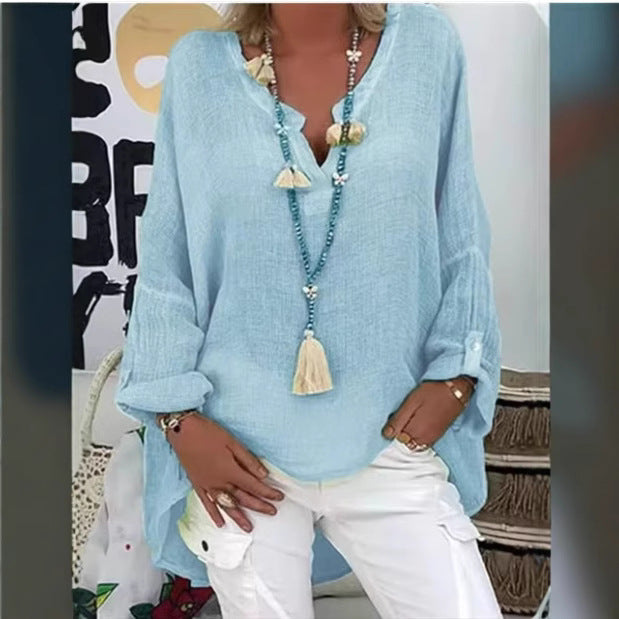 Damen lässiges Leinenbluse mit tiefem V-Ausschnitt und dekorativen Quasten Sovae