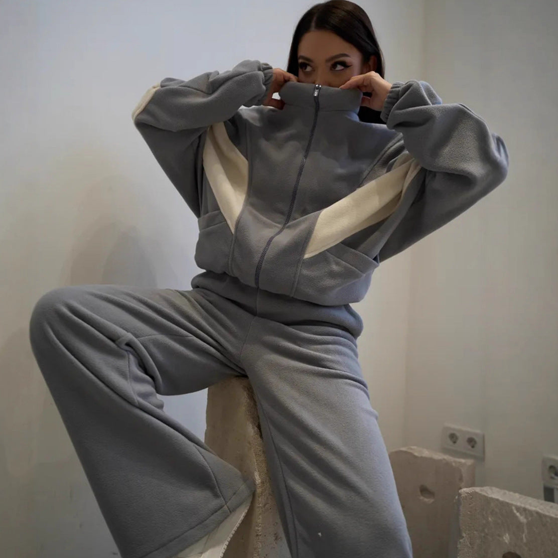 Damen sportliches Fleece-Set mit hochgeschlossenem Kragen und weiten Hosen Sovae