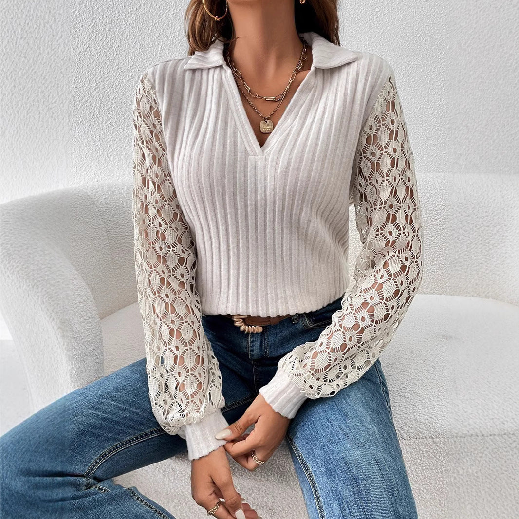 Damen Strickbluse mit Spitzenärmeln Sovae