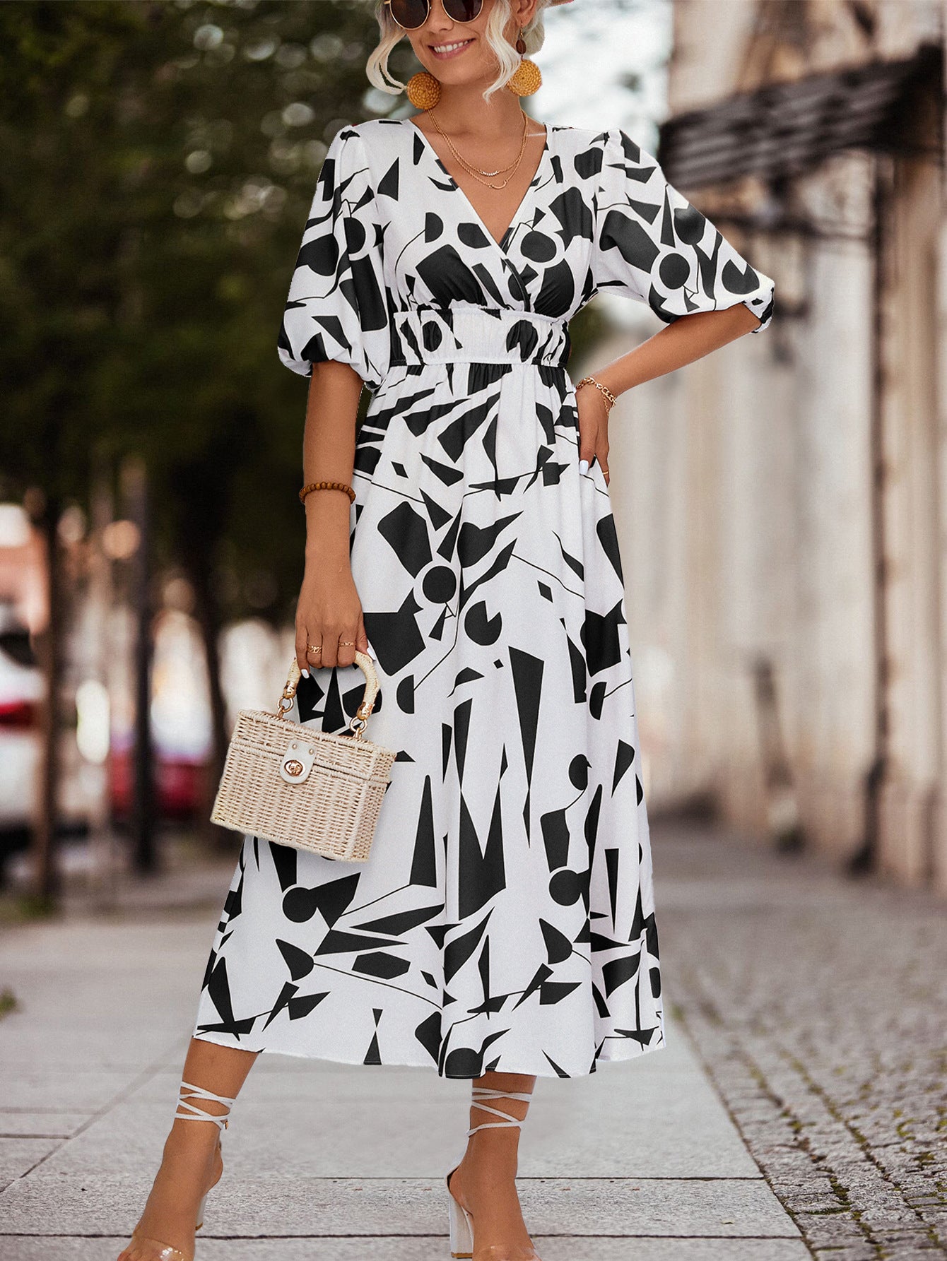 Damen Midikleid mit geometrischem Muster und elastischem Bund Sovae