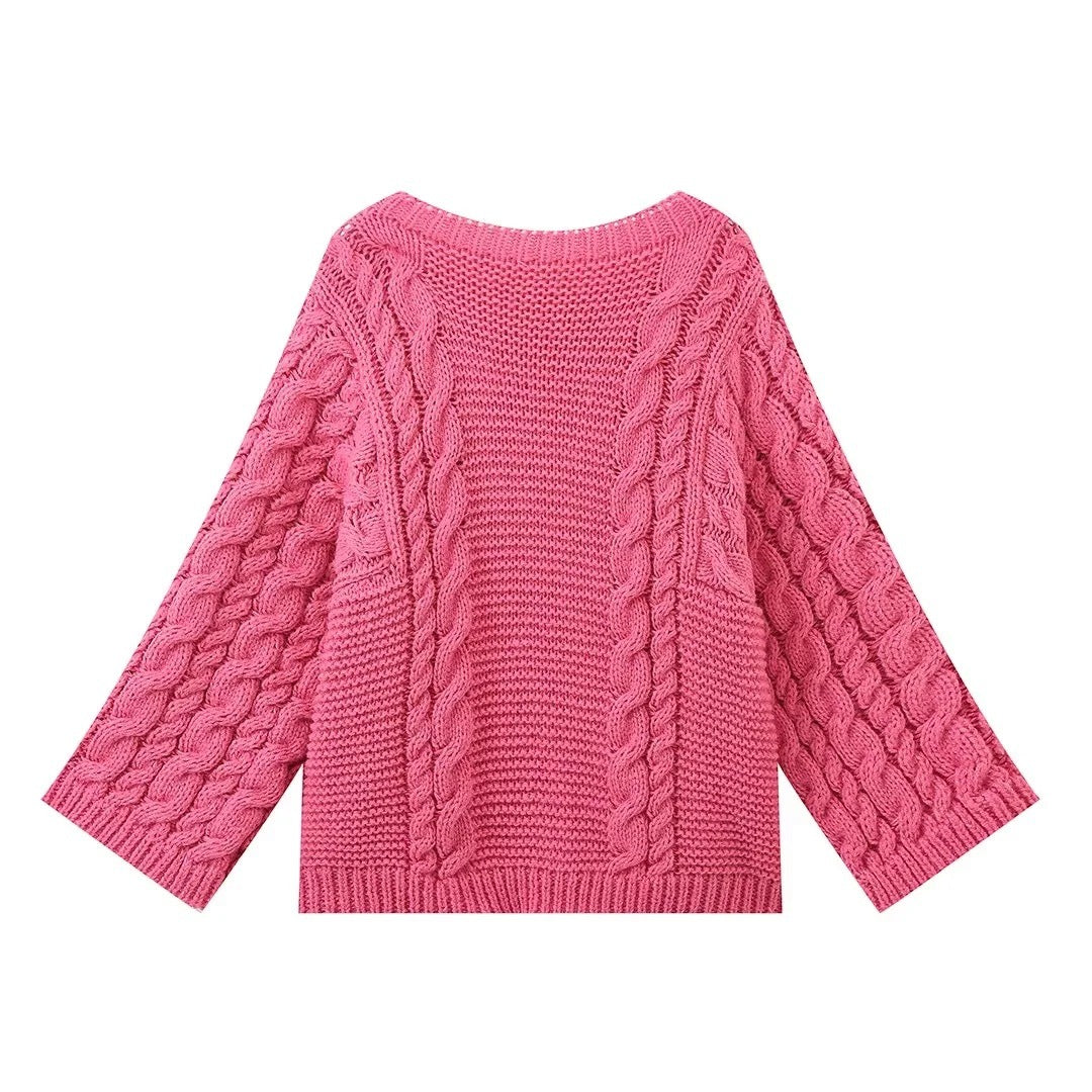 Damen kuscheliger Strickpullover mit Zopfmuster und weitem Schnitt Sovae