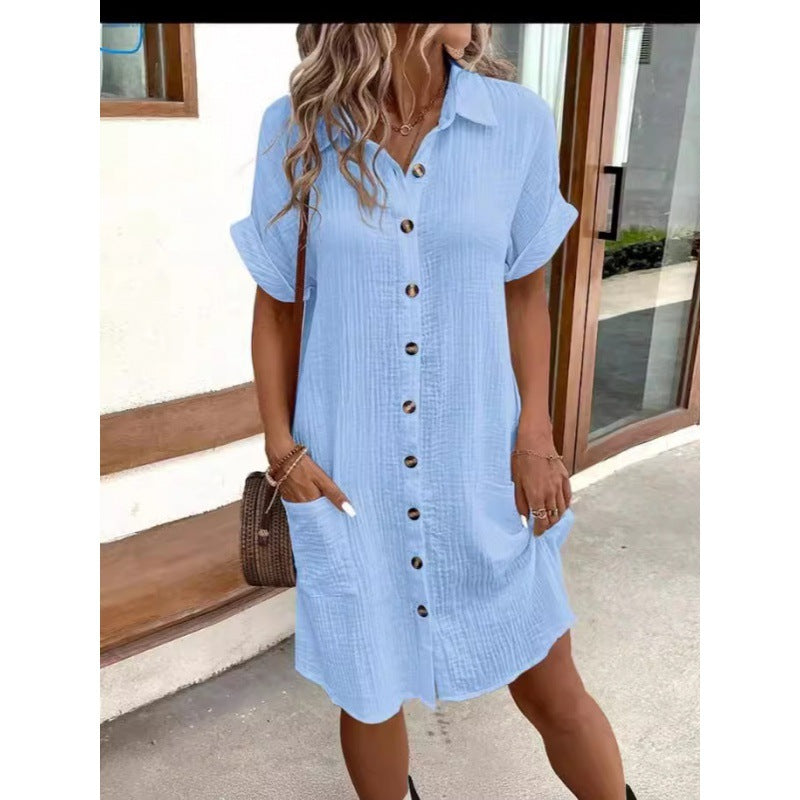 Damen Baumwoll-Kleid mit Knopfleiste und Taschen Sovae