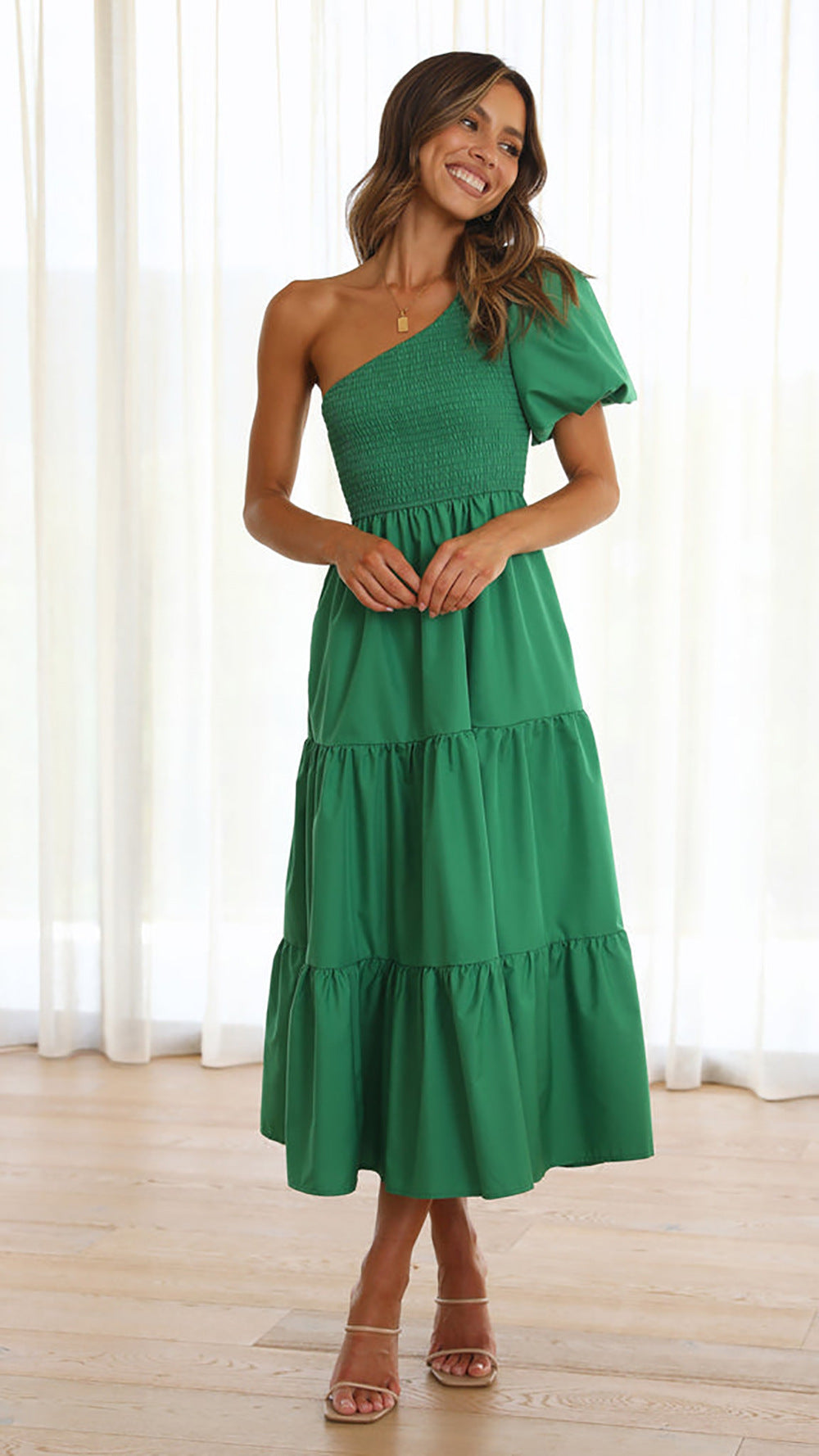 Damen Midi-Strandkleid mit asymmetrischem Schnitt und Rüschendetails Sovae