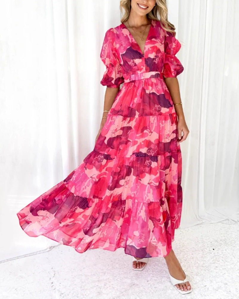 Damen Maxikleid mit voluminösen Rüschen und V-Ausschnitt Sovae