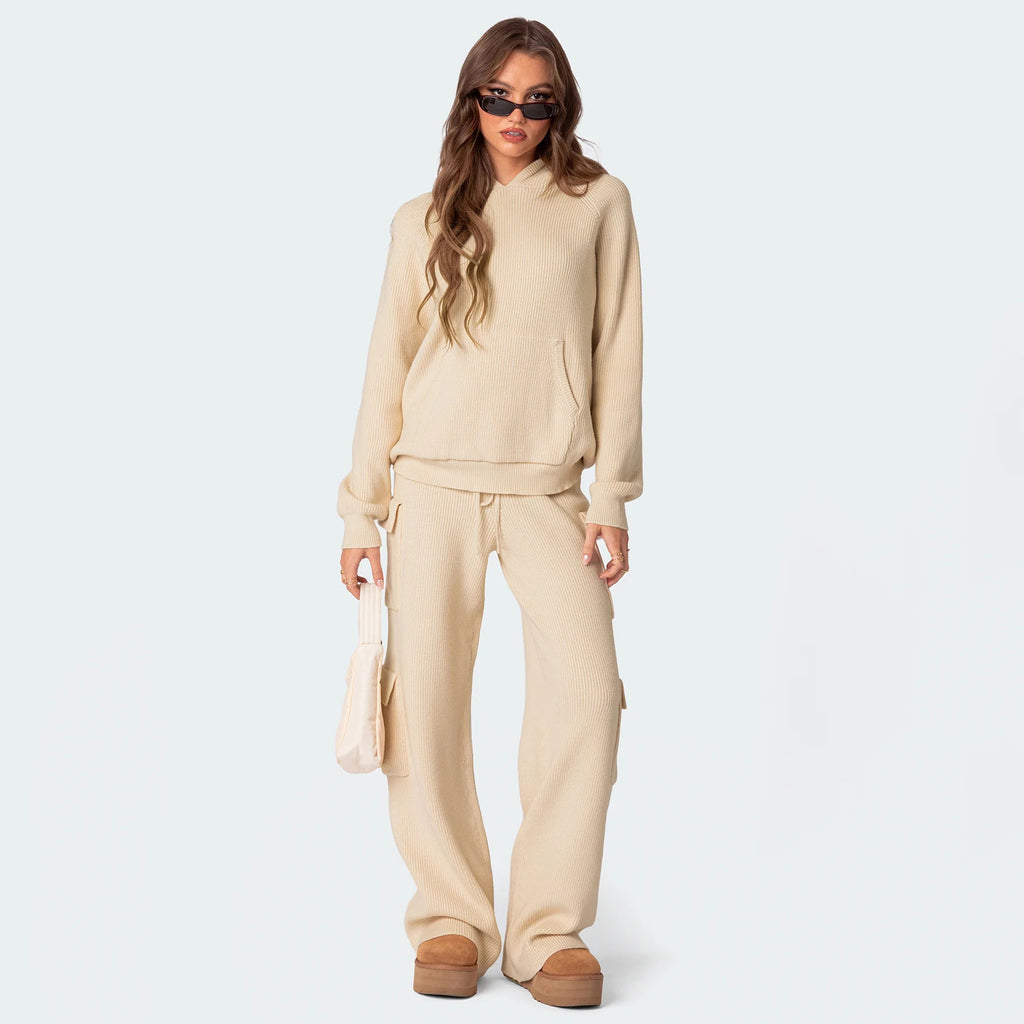 Damen Kuscheliges Rippstrick-Hoodie mit Kängurutasche Sovae