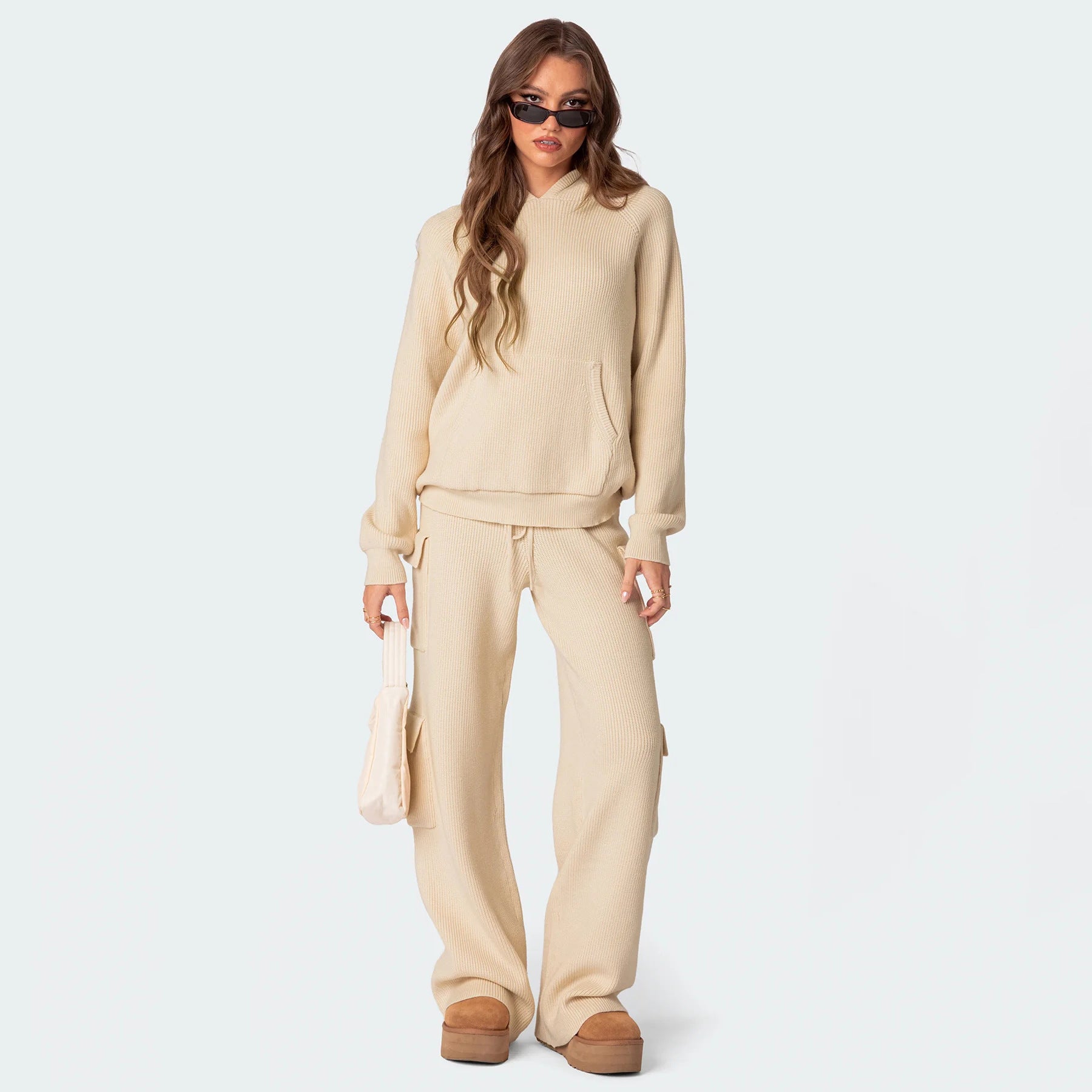Damen Kuscheliges Rippstrick-Hoodie mit Kängurutasche Sovae