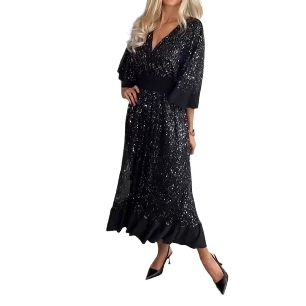 Damen Maxikleid mit schimmernden Details und voluminösen Ärmeln Sovae