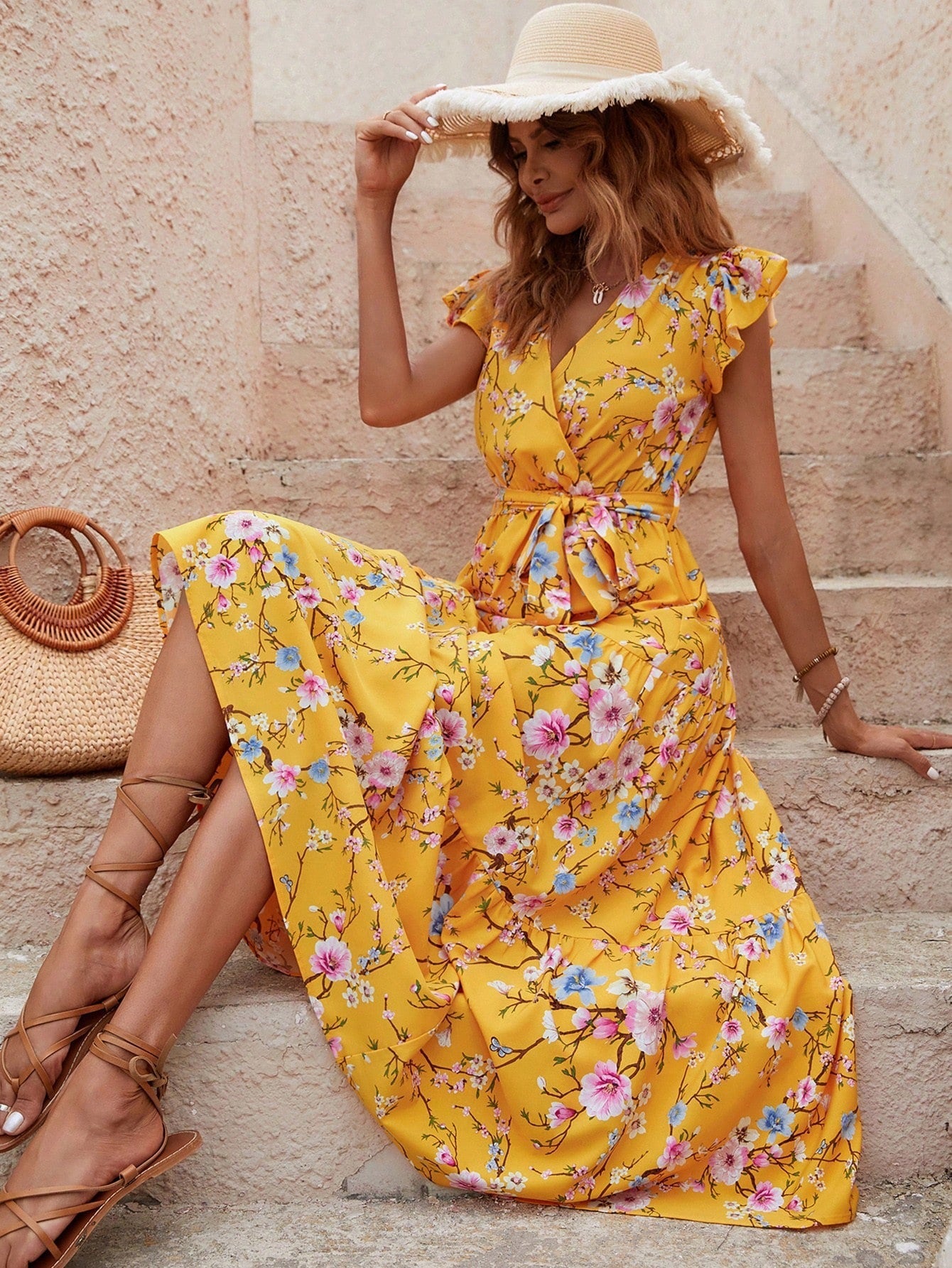 Damen Florales Maxikleid mit tiefem V-Ausschnitt und Rüschendetails Sovae