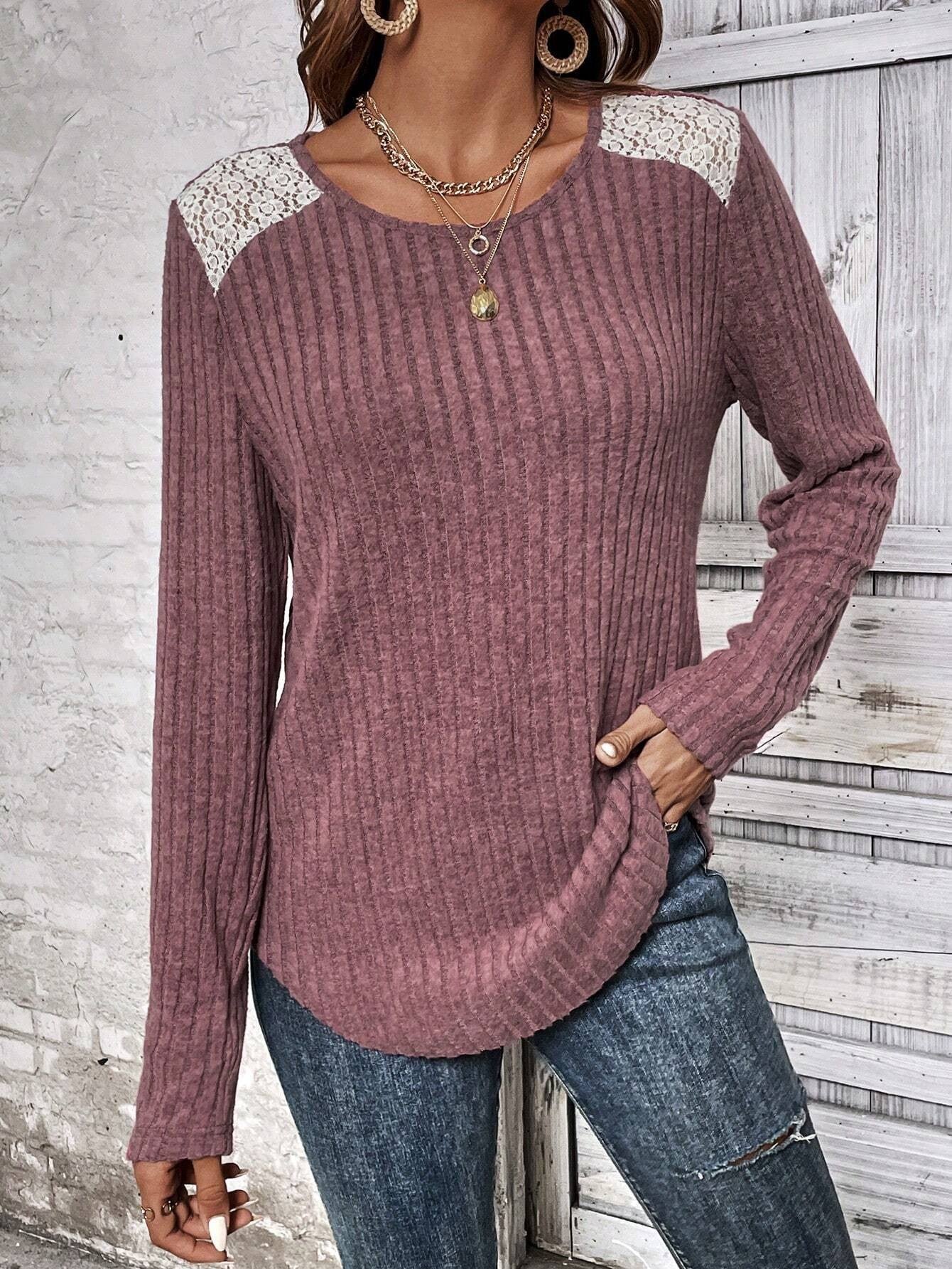 Damen Langarmshirt mit feiner Struktur und Spitzenakzenten Sovae