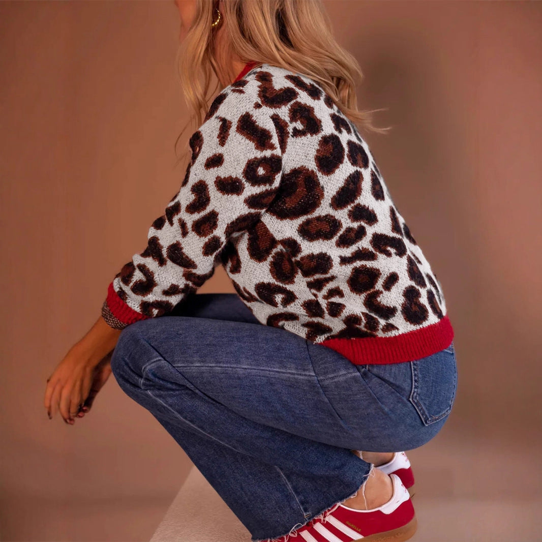 Damen modischer Pullover mit Leopardenmuster und kontrastierenden Bündchen Sovae