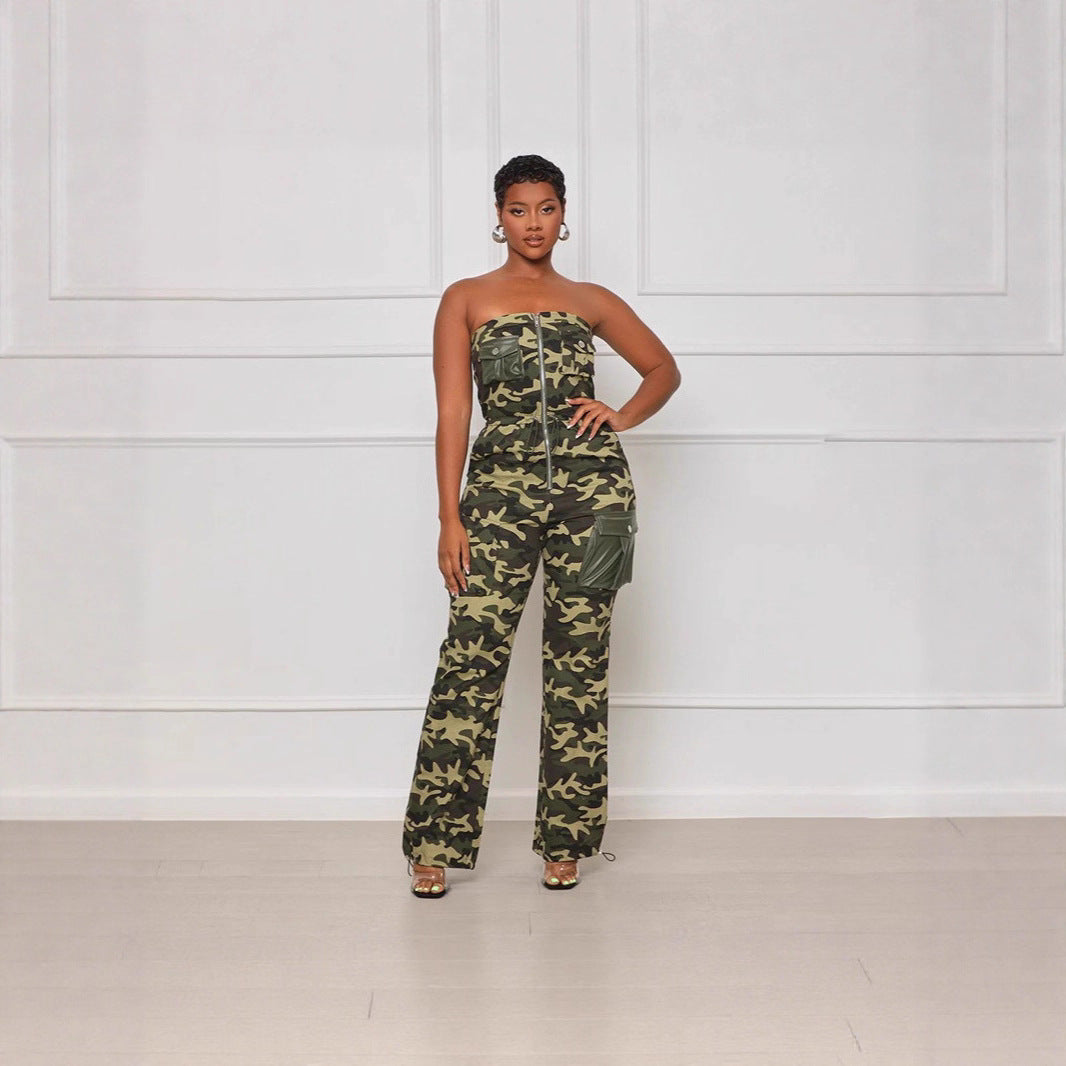 Damen Sportlicher Jumpsuit mit Camouflage-Muster und praktischen Taschen Sovae