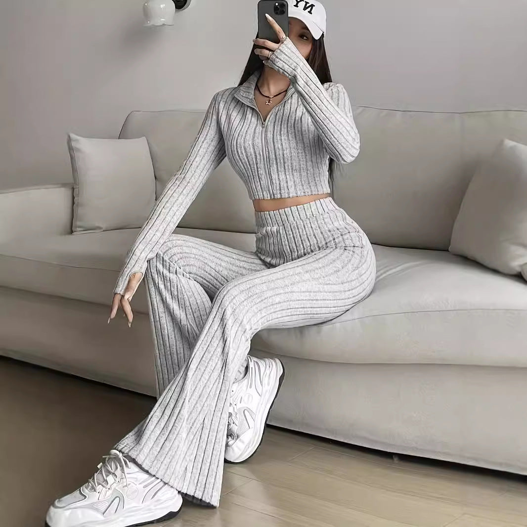 Damen Strick-Loungewear-Set mit cropped Oberteil und weit geschnittenen Hosen Sovae
