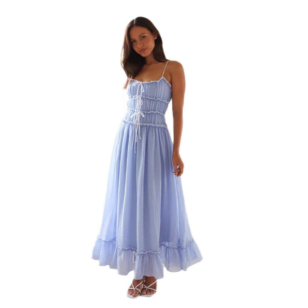 Damen luftiges Maxikleid mit verstellbaren Spaghettiträgern und Rüschendetails Sovae