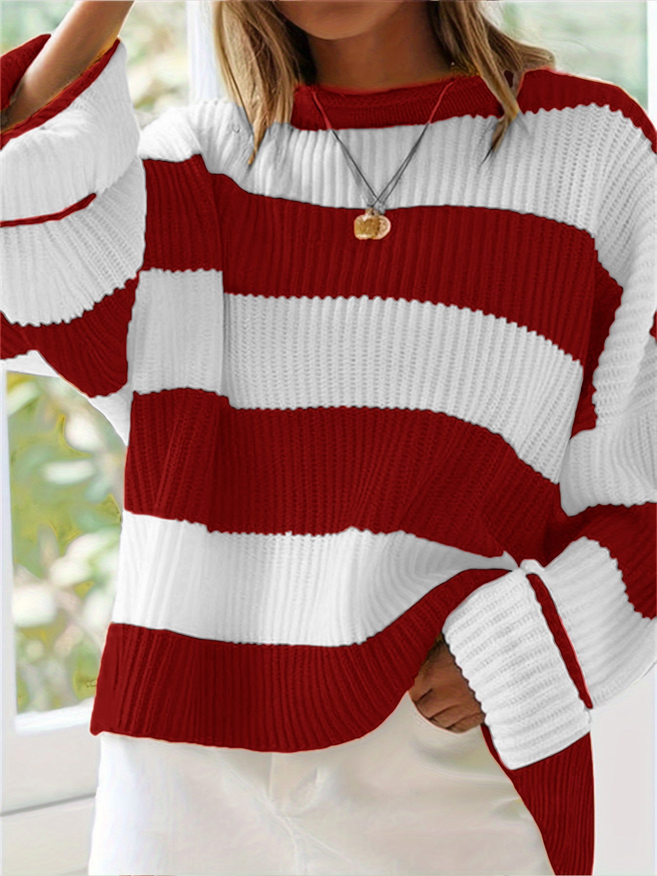 Damen lässiger Strickpullover mit breiten Streifen und lockerer Passform Sovae