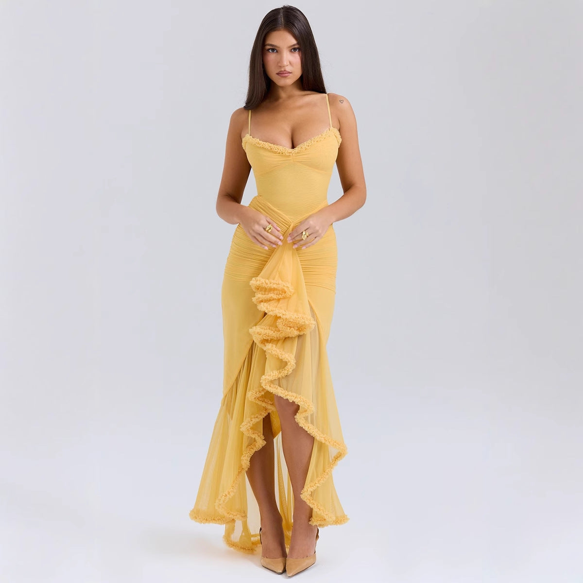 Damen elegantes Maxikleid mit Rüschendetails Sovae