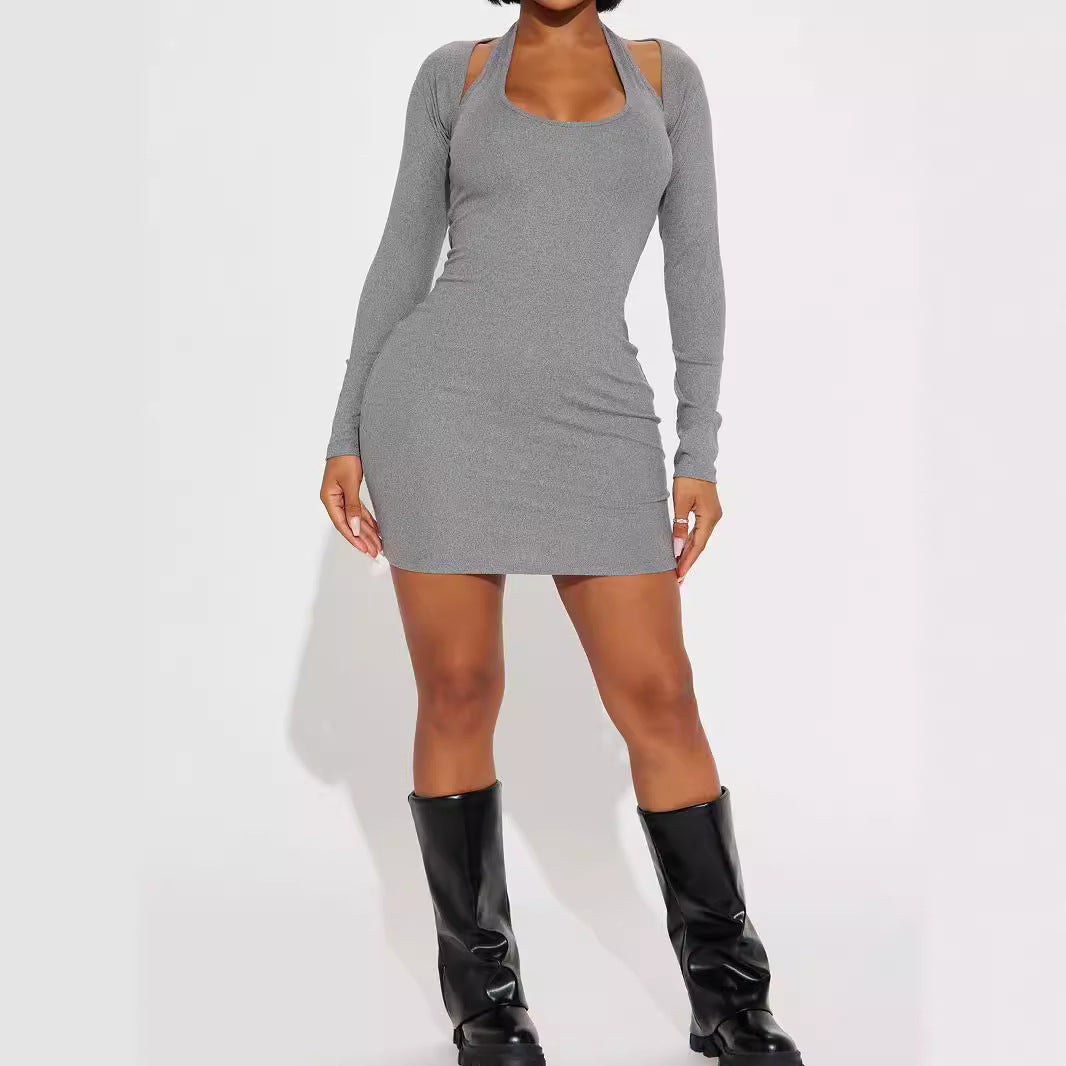 Damen figurbetontes Minikleid mit langen Ärmeln und verstellbaren Trägern Sovae