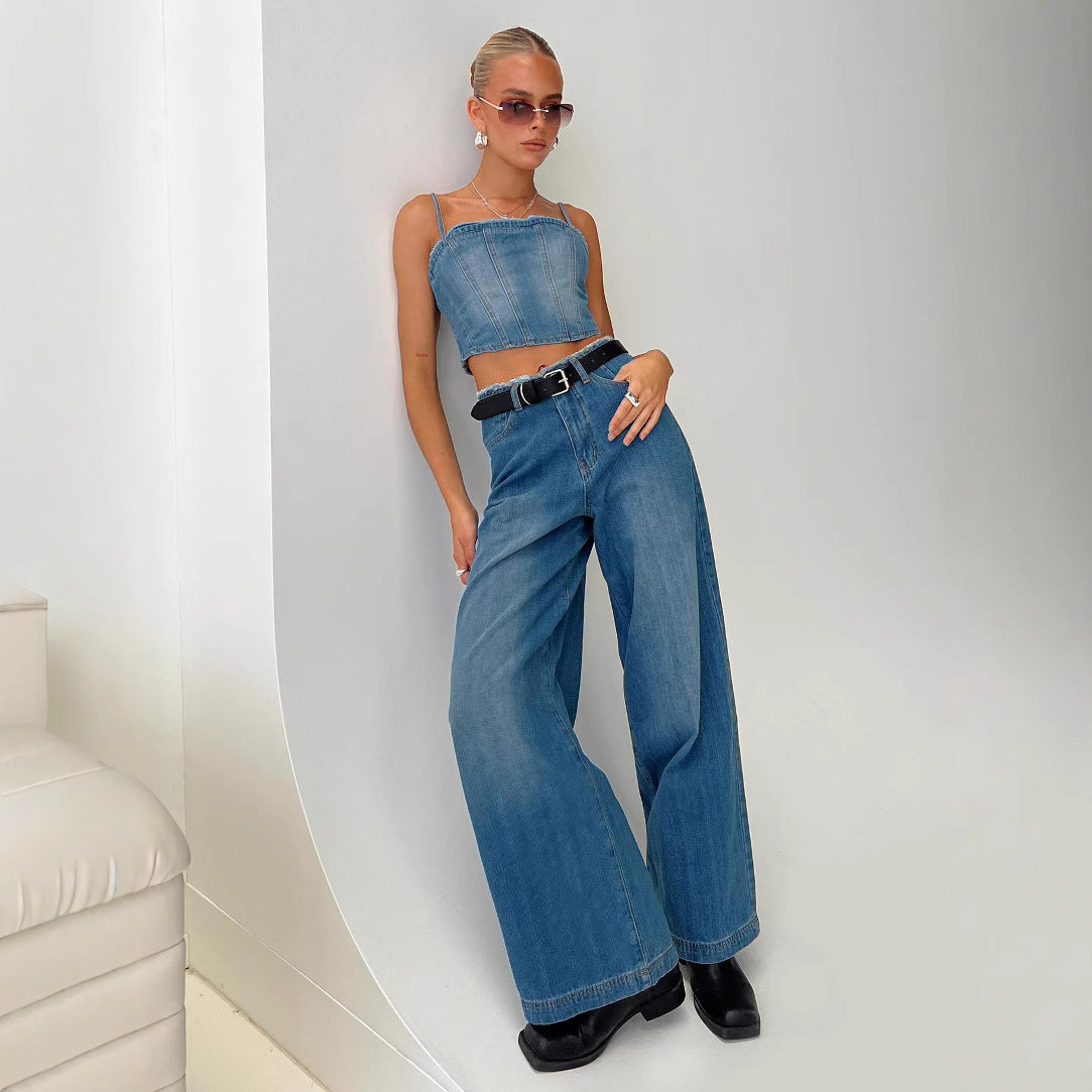 Damen Weit geschnittene High-Waist Jeans mit Fransen Sovae