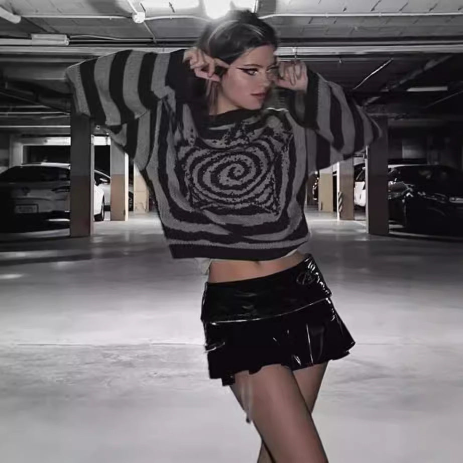 Damen Modischer Oversized-Pullover mit kreativem Spiral-Design und gestreiftem Muster Sovae