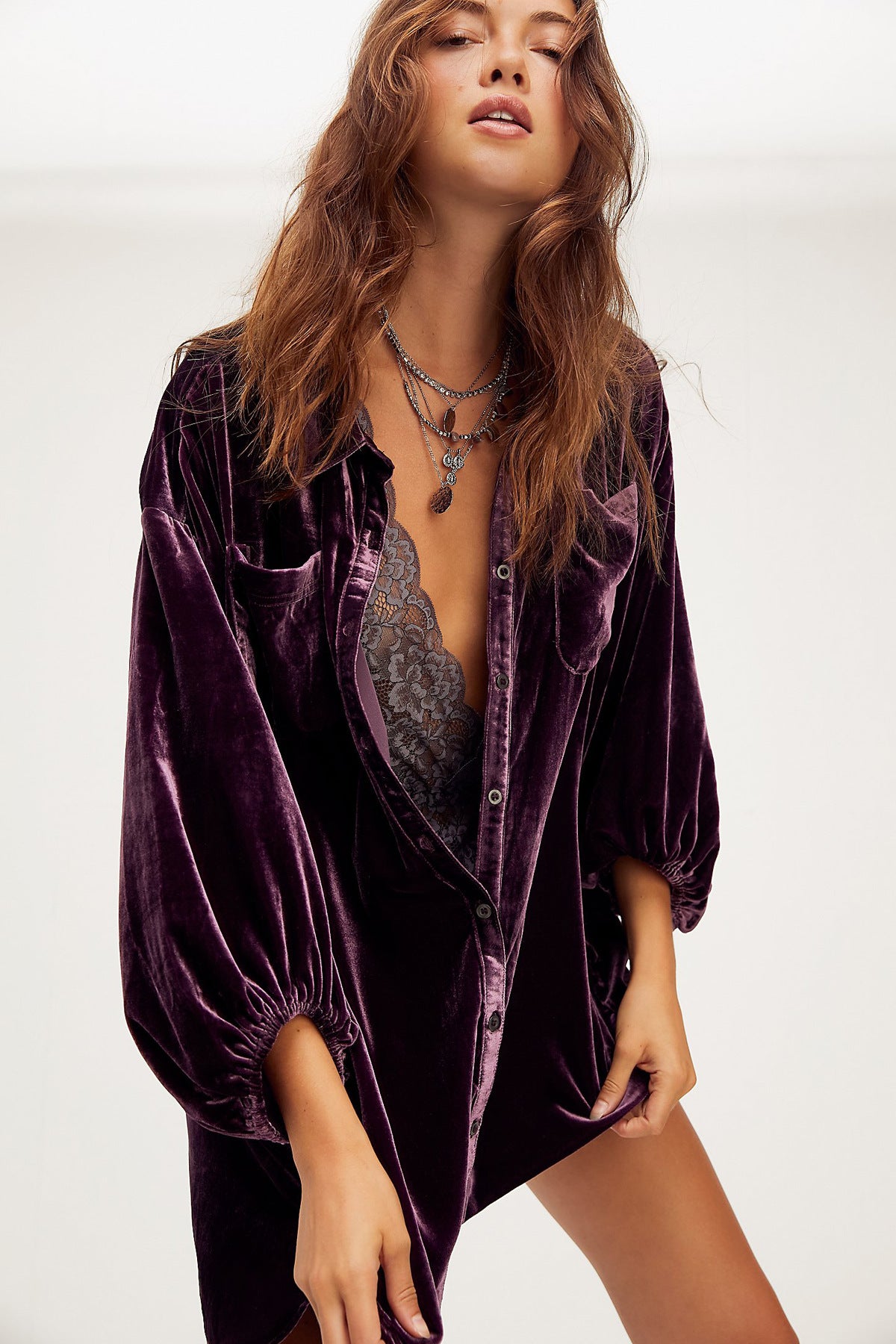 Damen Oversized Velourshemd Sovae