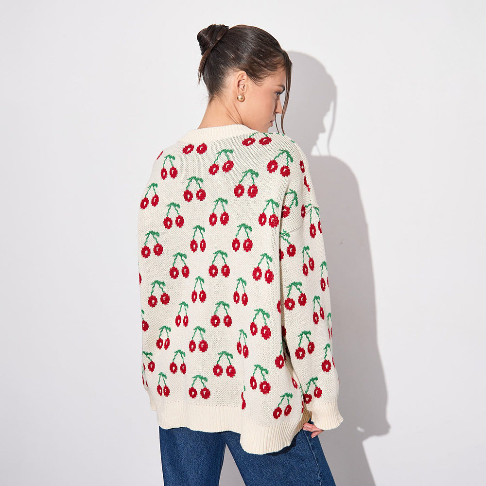 Damen Kuscheliger Strickpulli mit Kirschenmuster Sovae