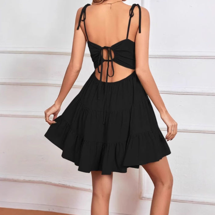 Damen Minikleid mit verstellbaren Trägern und gerafftem Rock Sovae