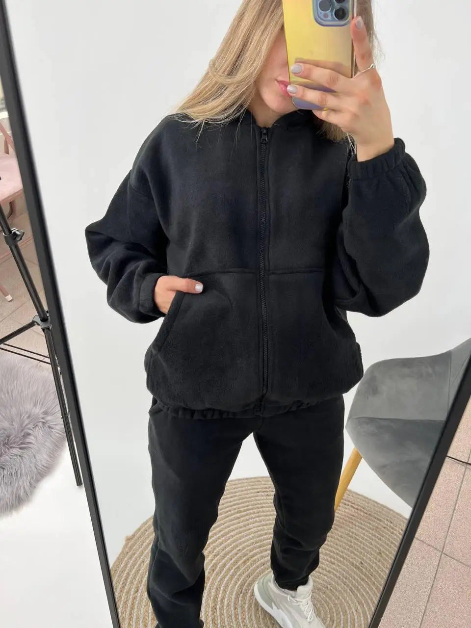 Damen Fleece-Loungewear-Anzug mit Reißverschluss und Kapuze Sovae