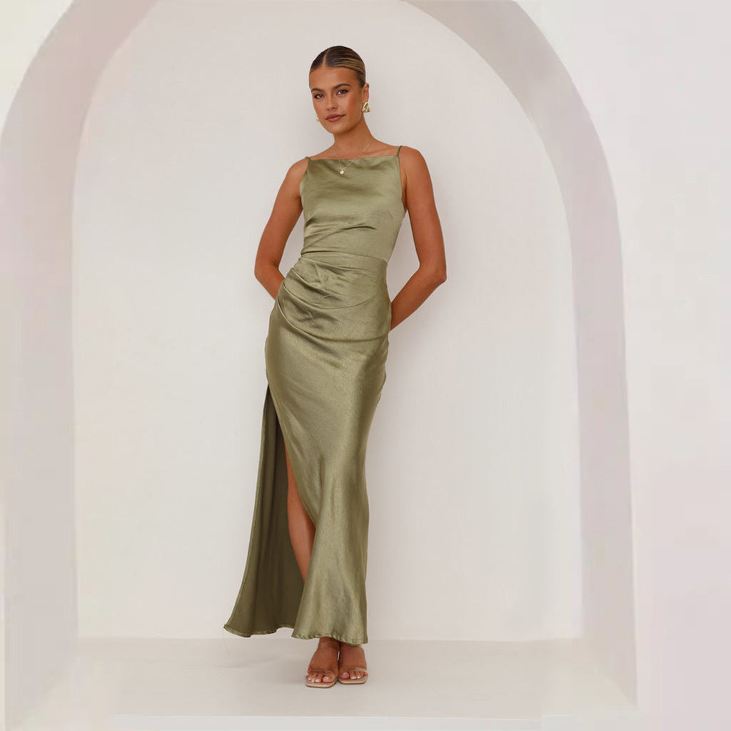 Damen elegantes Maxi-Kleid mit hohem Schlitz und raffiniertem Satinfinish Sovae