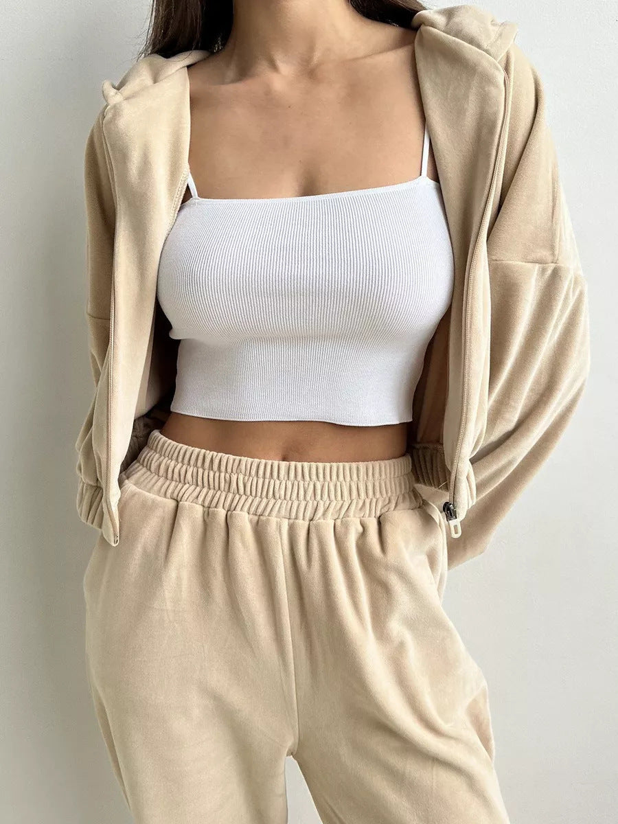 Damen sportlich-eleganter Fleece-Trainingsanzug mit hoher Taille und Reißverschluss Sovae