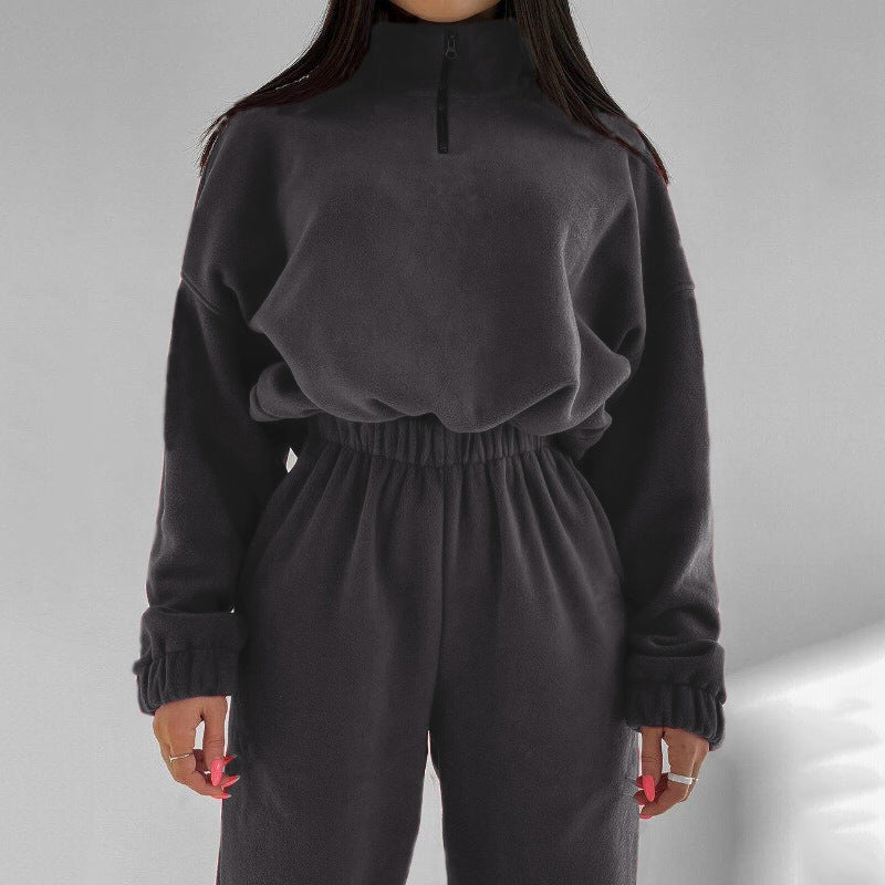 Damen bequeme Fleece-Loungejacke mit verkürztem Reißverschluss und elastischem Bund Sovae
