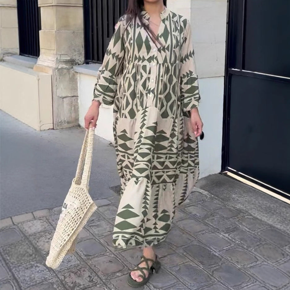 Damen Maxikleid im modernen Bohemian-Stil mit eleganten Rüschen und V-Ausschnitt Sovae