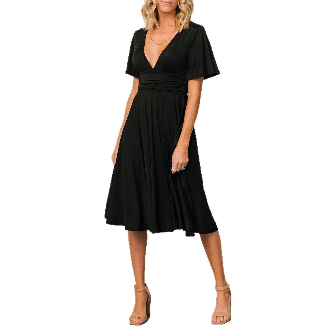 Damen Midikleid mit tiefem V-Ausschnitt und fließendem Schnitt Sovae