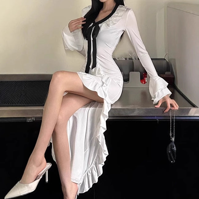 Damen Elegantes Maxikleid mit Rüschendetails und elegantem Bindeband Sovae