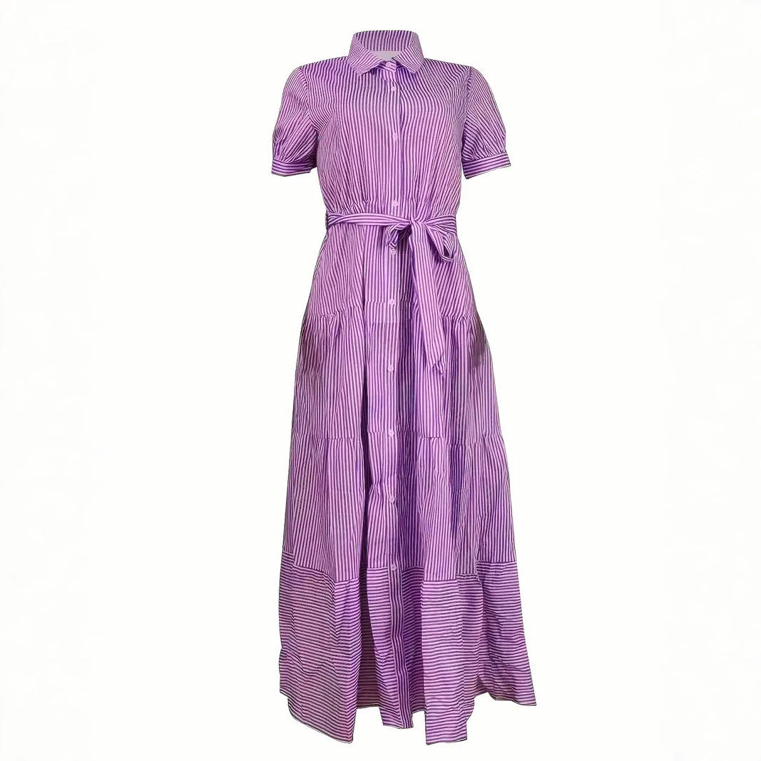 Damen langes Hemdblusenkleid mit Taillengürtel und stimmungsvollem Streifenmuster Sovae