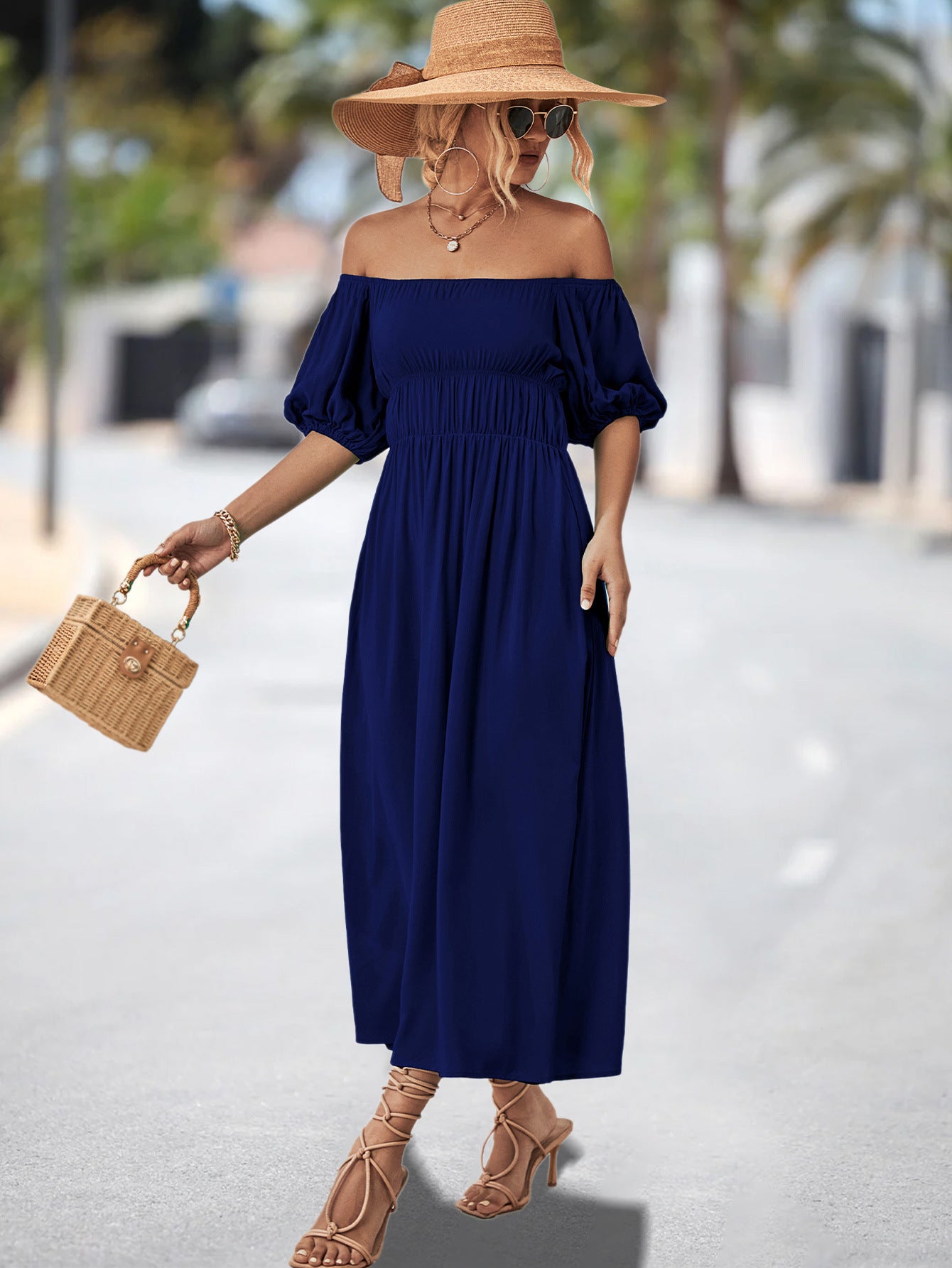 Damen Off-Shoulder Maxikleid mit voluminösen Puffärmeln und elastischem Taillenband Sovae
