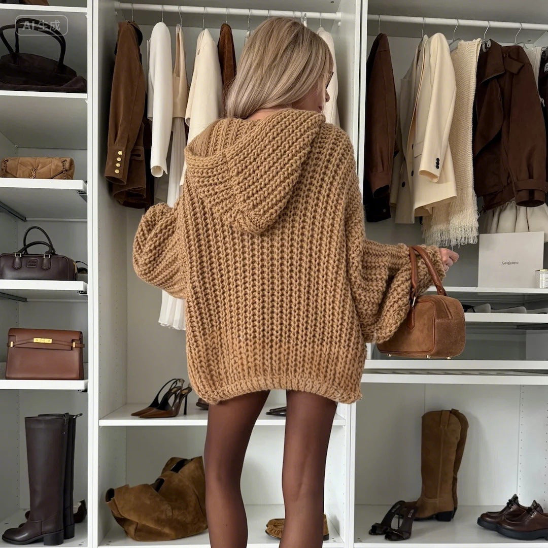 Damen Großer Strickcardigan mit Kapuze und Knopfverschluss Sovae