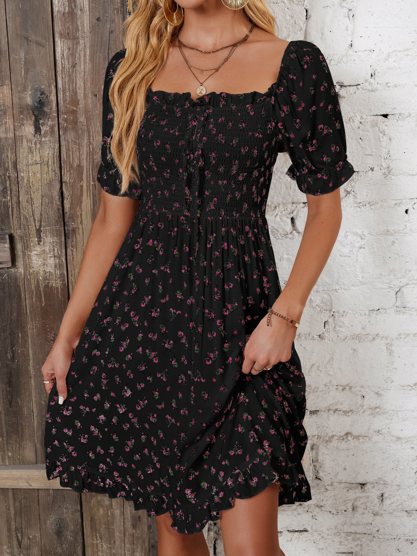 Damen Midikleid mit Puffärmeln und floralem Muster Sovae