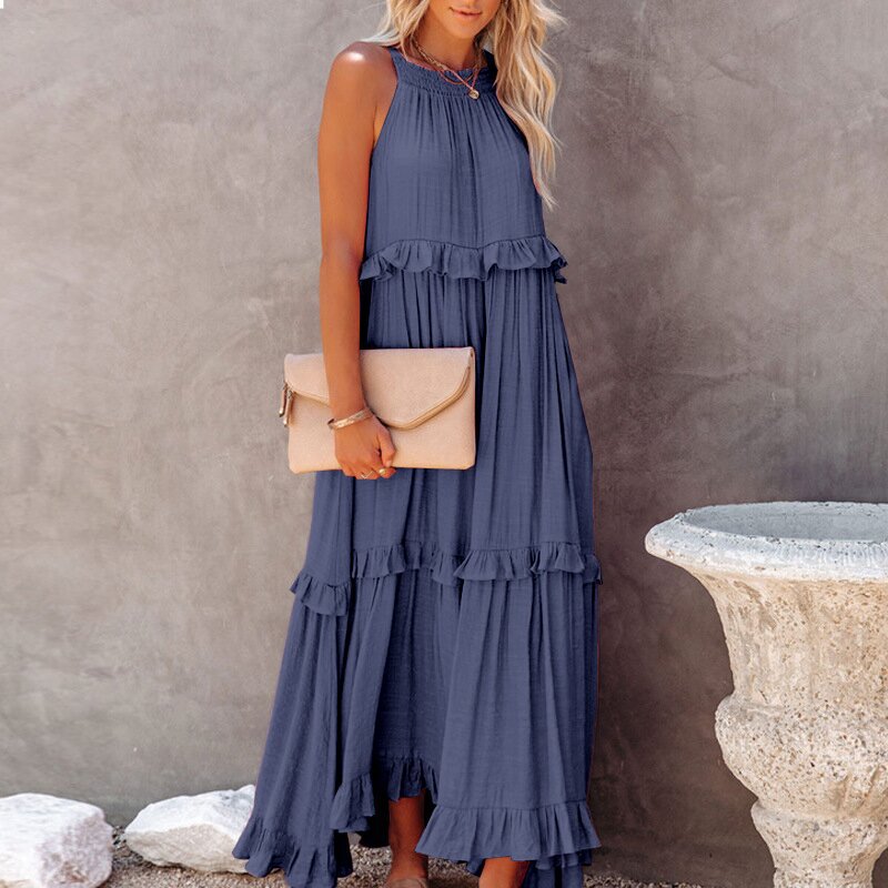 Damen Maxikleid mit verspieltem Rüschen-Design und tiefem Ausschnitt Sovae